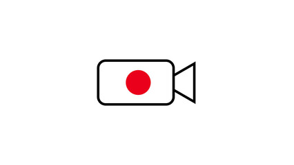 Simple minimalist icon of a video camera with a red circle representing the japanese flag on a white background
