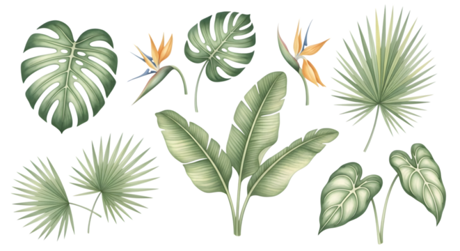 Collection of tropical plant leaves and bird of paradise flowers isolated on transparent background - Powered by Adobe