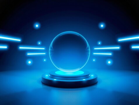 Futuristic glowing sphere on a pedestal with neon lights