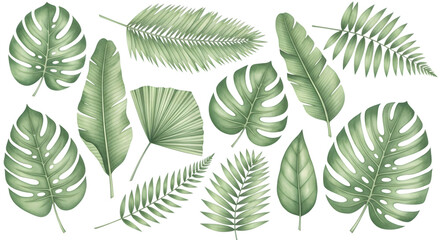 Collection of various green tropical leaves, isolated on transparent background