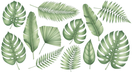 Collection of various green tropical leaves, isolated on transparent background