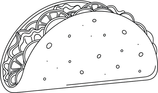 Simple black and white line drawing illustration of a delicious taco with filling