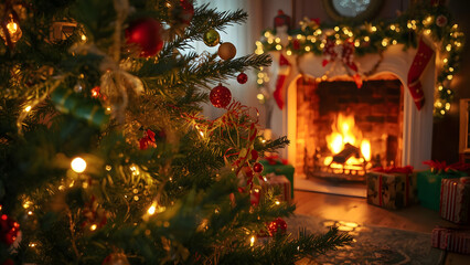 Christmas tree and fireplace in cozy home offering a serene holiday ambiance