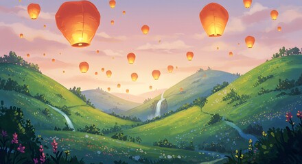 Obraz premium Numerous glowing sky lanterns ascend over a serene landscape of rolling green hills, a distant waterfall, and a vibrant sunset sky, creating a magical and peaceful scene.