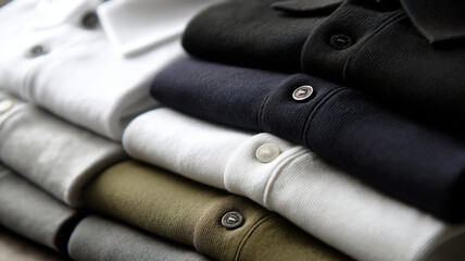 Folded polo shirts in various colors, including white, black, navy, and olive, neatly stacked. close up highlights texture and buttons, showcasing classic and organized style