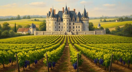 A majestic French ch&acirc;teau stands proudly amidst vast, sun-drenched vineyards under a clear sky, showcasing a classic European wine country landscape.