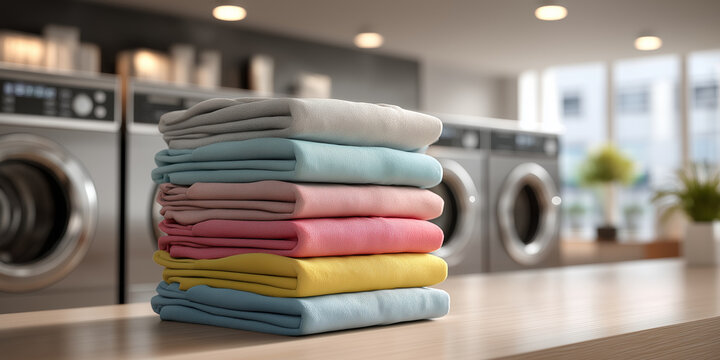 Neatly folded stack of colorful laundry sits on wooden table in modern laundromat, with washing machines in background. bright, organized setting conveys sense of cleanliness and efficiency