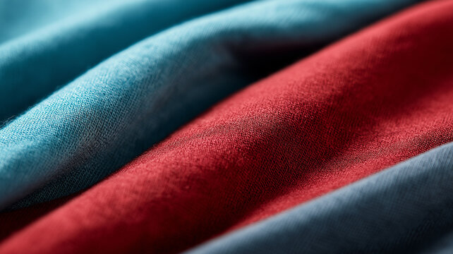 Close up of three colorful fabric textures, showcasing blue and red hues with soft, smooth appearance. fabrics are layered, highlighting their vibrant colors and fine weave