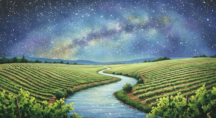 A winding river flows through a lush vineyard under a breathtaking starry night sky with the Milky Way visible.