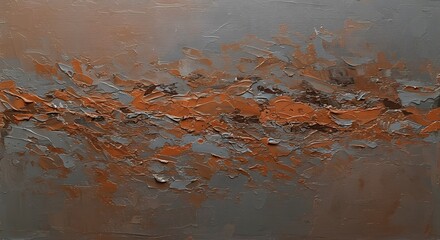 Abstract painting with textured orange and grey impasto brushstrokes creating a dynamic horizontal composition.