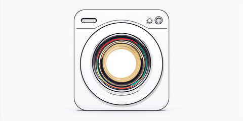 Stylized illustration of camera lens integrated into square frame, resembling washing machine. design features concentric circles and minimalist aesthetic