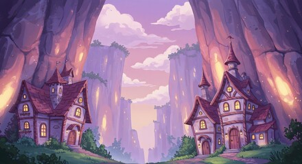 Whimsical fantasy illustration of two charming houses with glowing windows nestled between towering, illuminated cliffs under a pastel sky.