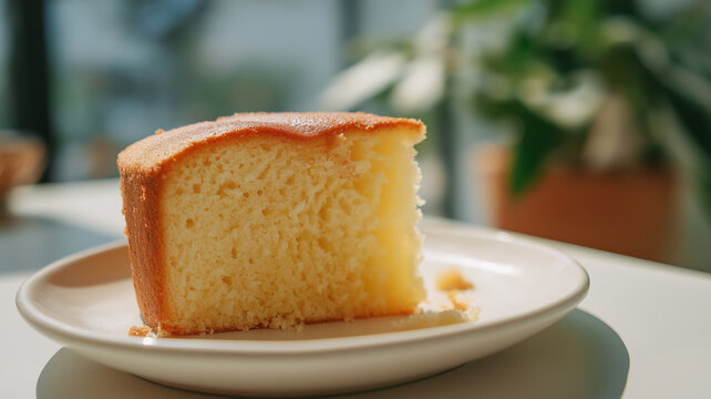Close up of freshly baked butter cake slice on white plate, with soft and moist texture, set against blurred background of green plants, creating cozy atmosphere