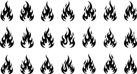 Black flame icons, stylized fire symbols, vector burning shapes, abstract fire silhouettes, unique flame designs, minimal fire artwork, graphic elements for logo, digital illustration set