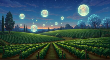 A fantastical vineyard landscape at twilight with multiple glowing moons and stars illuminating the enchanting sky.
