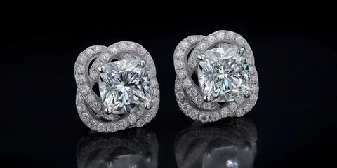 Elegant cushion cut diamond stud earrings with intricate halo design, set against black background, showcasing brilliance and luxury. Perfect for special occasions