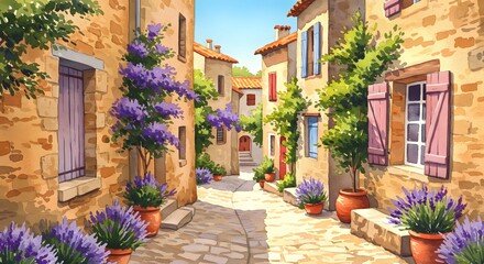 A picturesque watercolor painting of a narrow, sunlit cobblestone street in a charming European village, adorned with vibrant purple lavender plants and rustic stone buildings with colorful shutters.