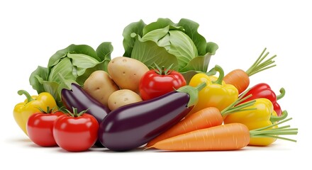Vibrant fresh vegetables ready for your healthy culinary creations, featuring carrots, cabbage, eggplant, potatoes, peppers, and tomatoes on white backdrop