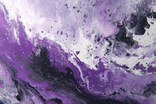 Fluid art with swirling purple, black, and white paint