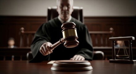 Justice rendered judge with gavel in courtroom setting overseeing judicial proceedings