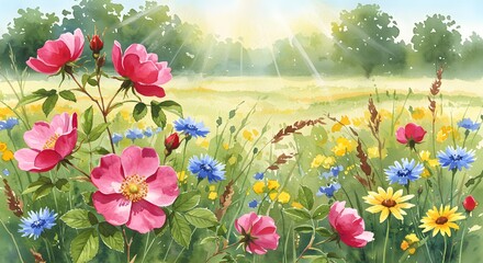 Vibrant watercolor painting of a sun-drenched wildflower meadow with pink roses, blue cornflowers, and yellow daisies under a bright sky.