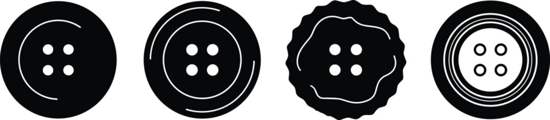 Button silhouette vector illustration, sewing accessory icons set, black and white circular designs, fashion textile elements, clothing detail symbols, minimalist style graphic