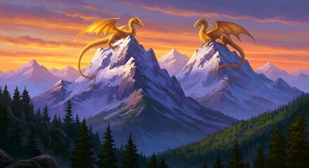 Two golden dragons majestically perched on snow-capped mountain peaks at sunset, overlooking a vast forested valley.