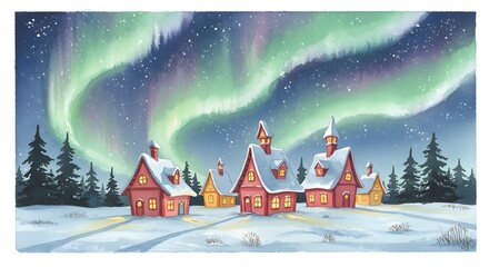 A beautiful illustration of a snowy village under the vibrant green and purple aurora borealis at night.