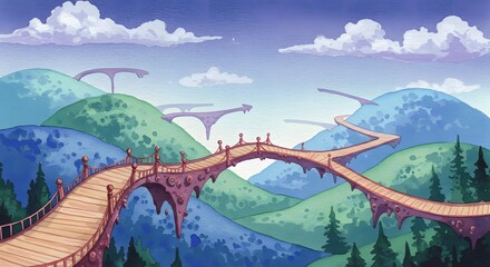 A whimsical animated landscape featuring ornate elevated bridges winding through rolling green and blue hills under a cloudy sky.