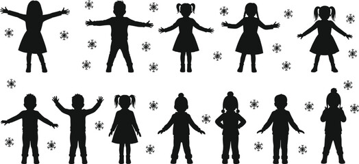 Children silhouettes with snowflakes, winter holiday kids vector, festive seasonal illustration, diverse child figures, Christmas celebration design, playful group silhouette artwork