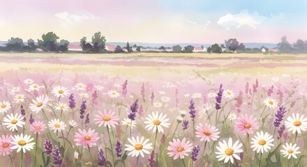 A beautiful pastel watercolor painting of a vibrant wildflower meadow with daisies and lavender under a soft sky.