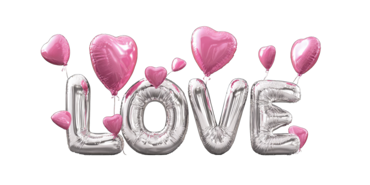 Silver balloon letters spelling LOVE, adorned with pink heart balloons - Powered by Adobe