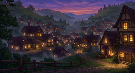 Charming village nestled in a valley at dusk with warm lights glowing from traditional houses, surrounded by misty hills and trees.
