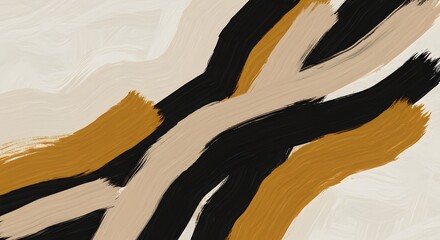 Abstract painting with bold, sweeping brushstrokes in black, beige, and golden ochre, creating a dynamic and modern artistic pattern.