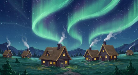 An enchanting illustration of a cozy village nestled in a valley under a spectacular green and purple aurora borealis, with smoke rising from chimneys.