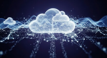 A cloud computing concept with a digital cloud and network connections on a dark blue background.