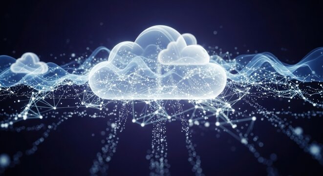 A cloud computing concept with a digital cloud and network connections on a dark blue background.