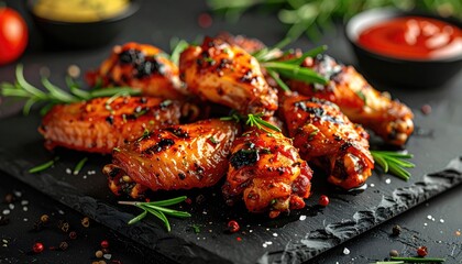 Golden brown grilled chicken wings seasoned with herbs and spices served on a dark stone platter with rosemary sprigs and salt flakes