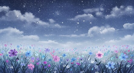 A vibrant field of wildflowers blooming under a serene, star-filled night sky with soft clouds, creating a dreamy and tranquil landscape.