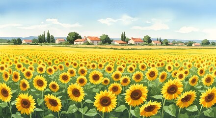 A vibrant panoramic view of a vast sunflower field stretching towards a charming European village under a bright blue summer sky.
