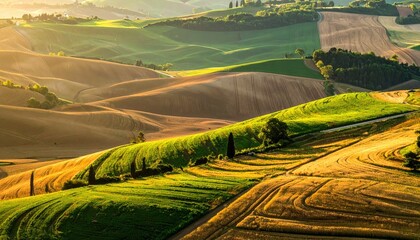 Golden Hour Sunlight Illuminates Rolling Tuscan Hills With Contrasting Green Fields And Dry Earth Under A Clear Sky