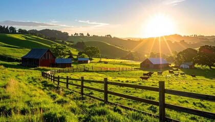 Golden Hour Sunrise Over Rolling Hills Farm Landscape with Rustic Barns and Grazing Cattle