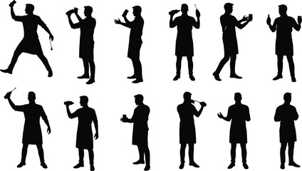 Cooking person silhouettes with utensils, chef in apron vector, kitchen activity poses, culinary art illustration, food preparation design, restaurant worker clipart set