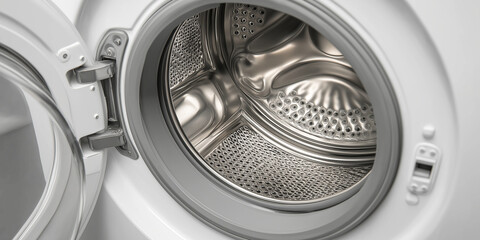 Close up view of white washing machine with open door, revealing shiny metal drum inside. image highlights clean and modern design of appliance