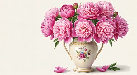 A vibrant bouquet of pink peonies blooms gracefully in a decorative vase.