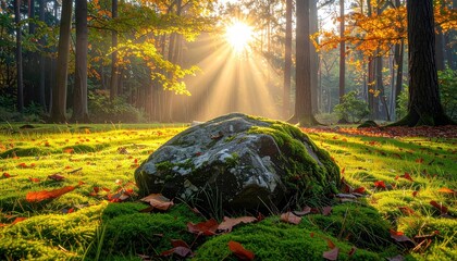 Golden Sunbeams Pierce Autumn Forest Canopy Illuminating Moss Covered Rock and Fallen Leaves on Grassy Ground