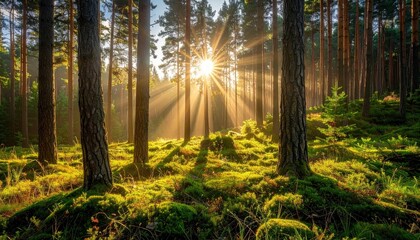 Golden Sunbeams Stream Through Pine Forest Canopy Illuminating Mossy Forest Floor In Early Morning Light