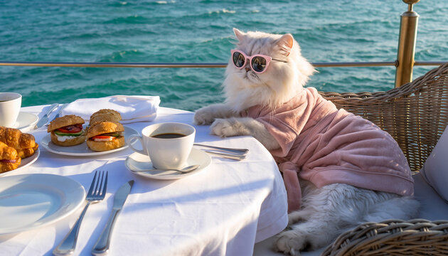 A regal white Persian cat in a pink bathrobe and sunglasses enjoys a lavish breakfast on a luxury yacht, portraying a pampered and humorous vacation scene