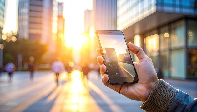 Hand Holding Smartphone Displaying Sunset Over City Skyline with Blurred Buildings and Sunlight Streaks