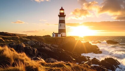 Iconic Black And White Striped Lighthouse Stands Tall on Rocky Coastline During Golden Hour Sunset With Crashing Waves and Dramatic Sky